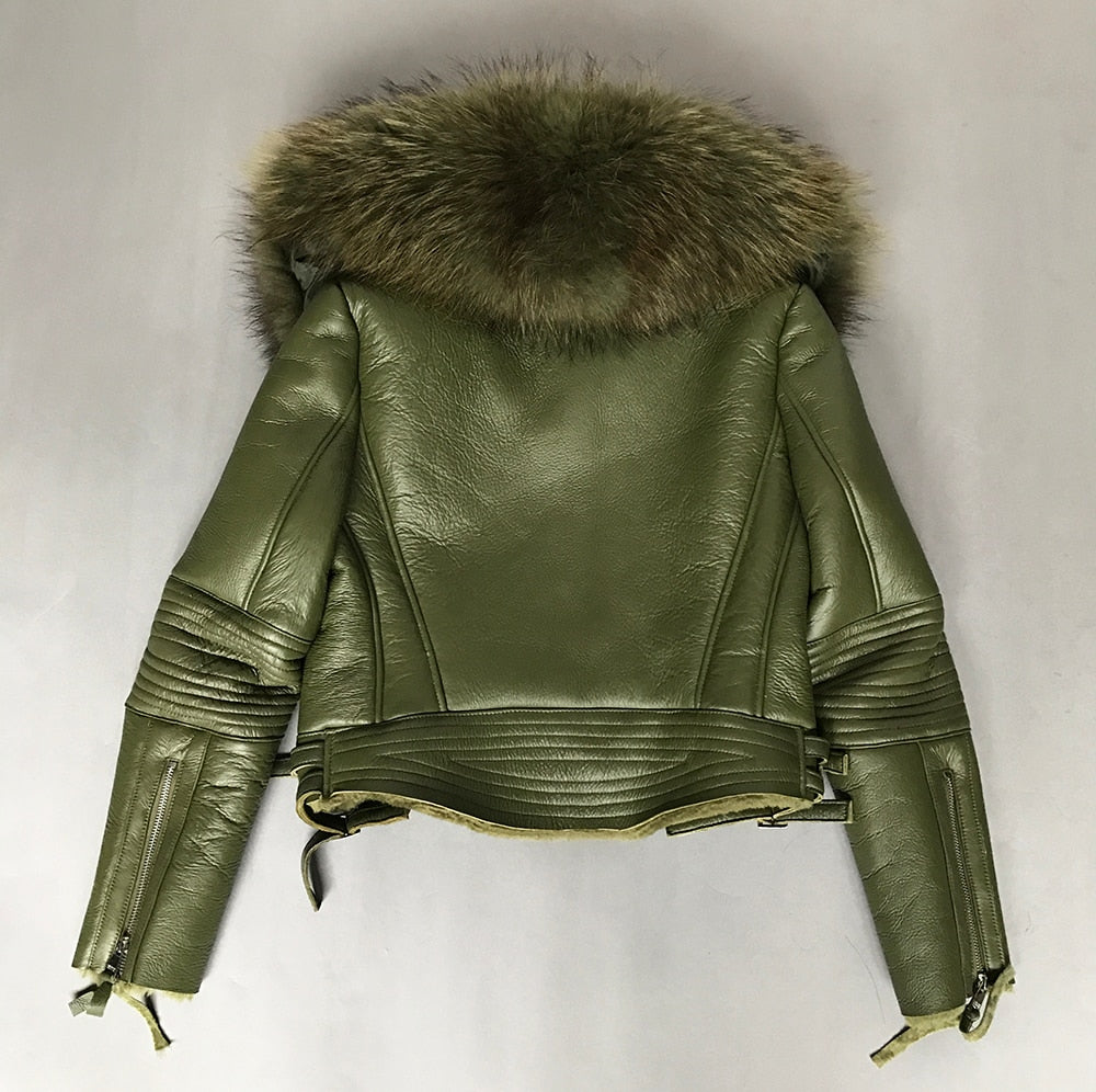 Genuine Leather Moto Jackets Big Fur Collar Wool Liner