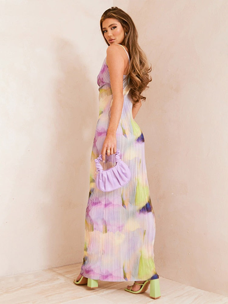 Printed Pleated Sling Summer Dresses