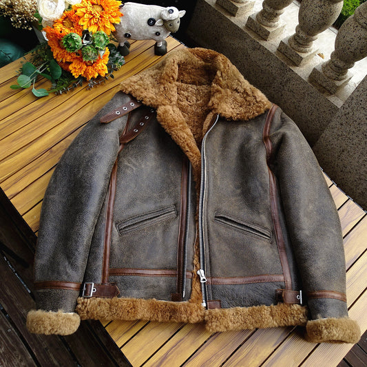 Genuine Leather Coats Brown Real Shearling Fur B3 Bomber