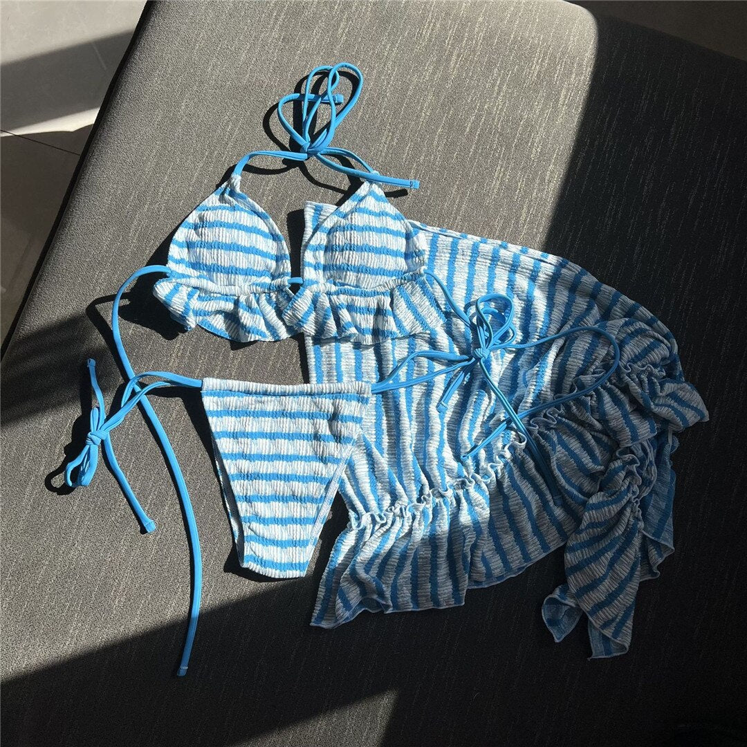 Striped Ruffled Sarong Bikini Set & Mini Skirt