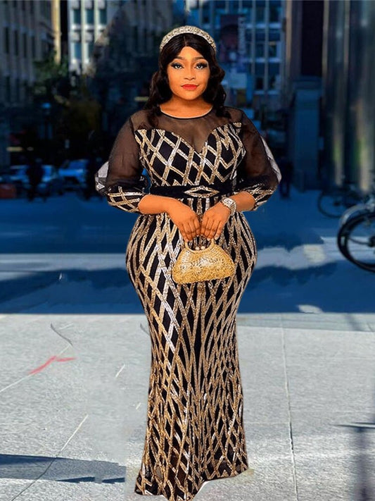 Sequins Mesh Puff Sleeve Maxi Dresses