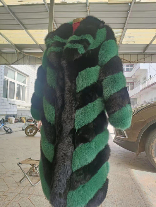 Striped Color Pattern Real Fox Fur Coats X-Long