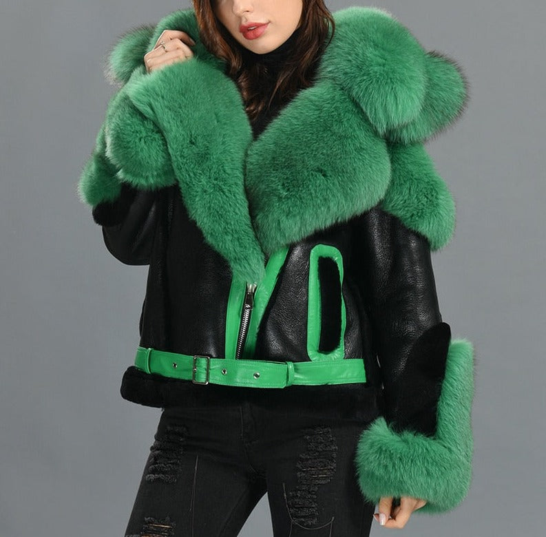 Genuine Leather Fur Moto Shearling Liner Fur Collar Parka