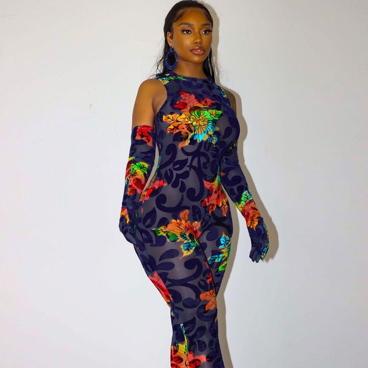 Floral Bodycon Jumpsuit with Gloves