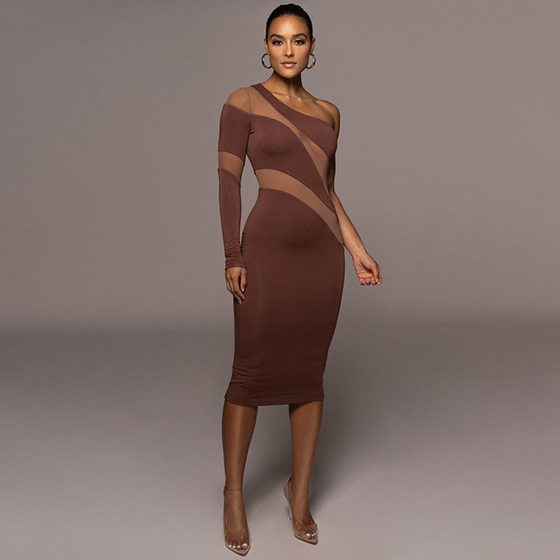 Mesh Slices Long Sleeve Bodycon Midi Dresses