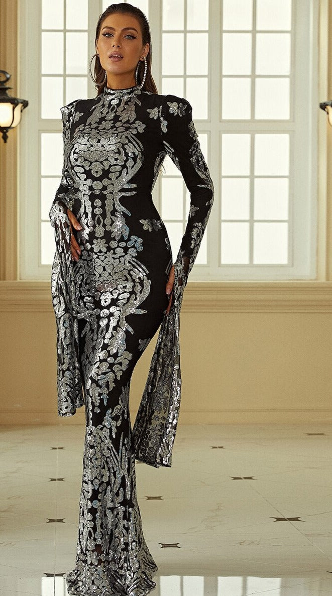 Extra-Long Sleeve Sequin Maxi Dress