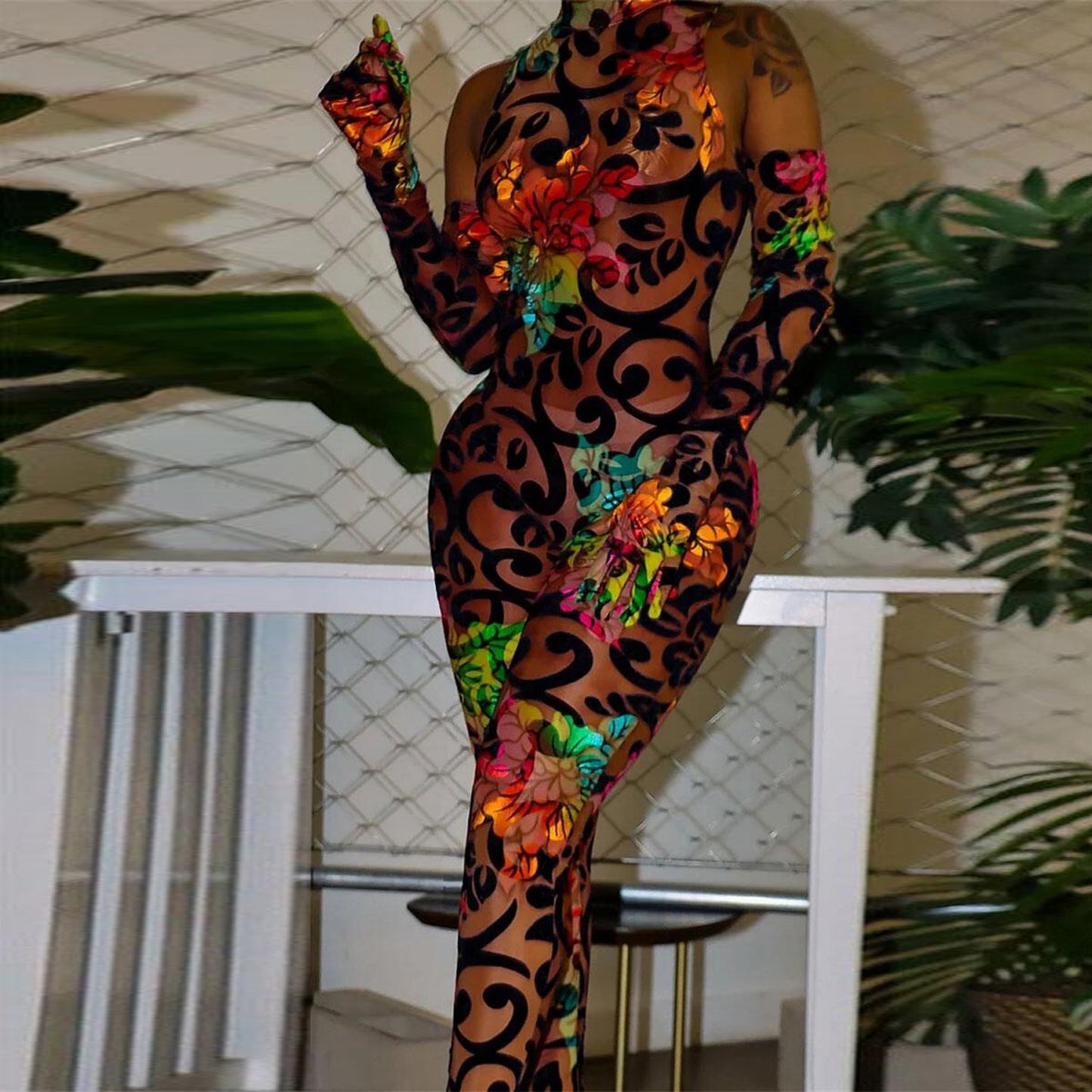 Floral Bodycon Jumpsuit with Gloves