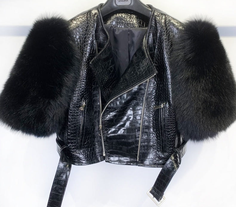 Genuine Leather Short Fur Sleeve Moto Crop Jackets