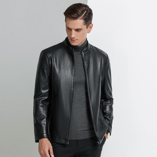 Genuine Leather Jackets Thin Stand Collar