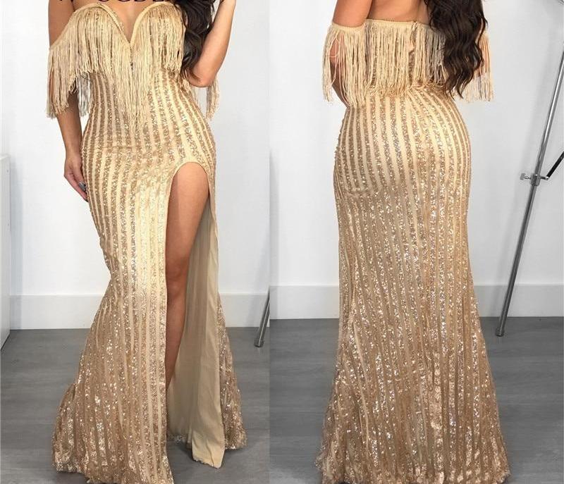 Sequin Off Shoulder Gold Tassel High Split Maxi Dresses