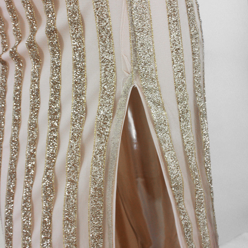 Sequin Off Shoulder Gold Tassel High Split Maxi Dresses