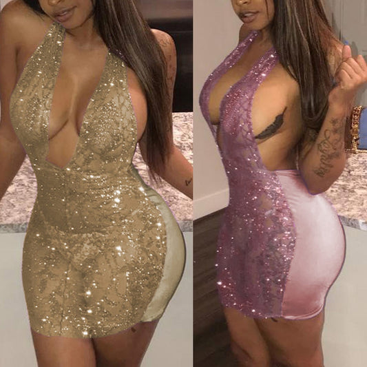Full Mesh Sequins V-neck Backless Bodycon Mini Dresses