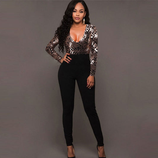 Gold Sequins Deep V Long Sleeve Jumpsuit