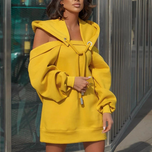 Open Shoulder Backless Printed Hoodie Dresses