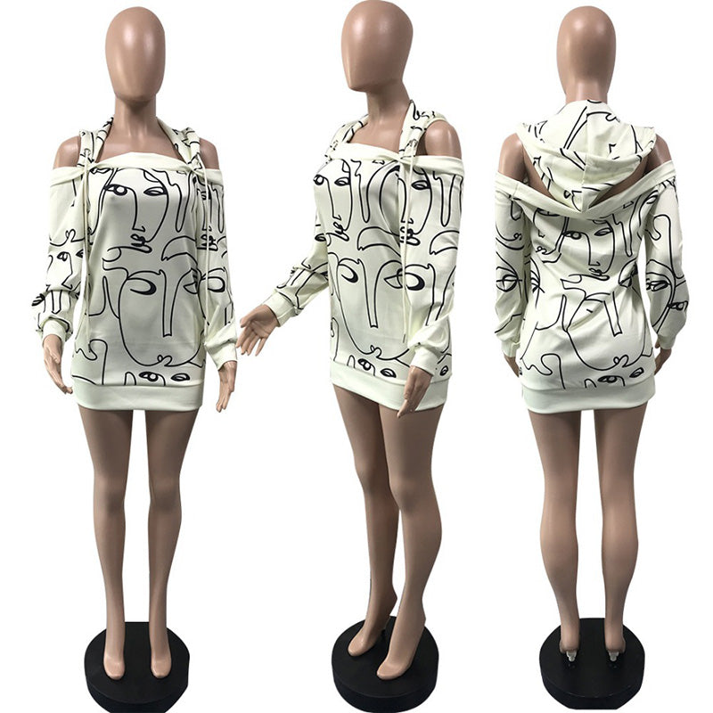 Open Shoulder Backless Printed Hoodie Dresses