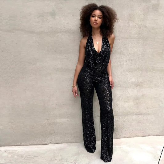 Sequin Drape Backless Wide Leg Jumpsuits