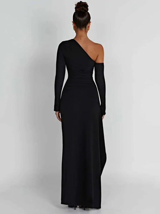 Black One Shoulder High Split Maxi Dress