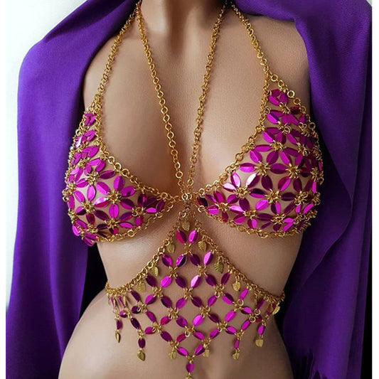 Flower Diamond Metal Body Chest chain Crop Top