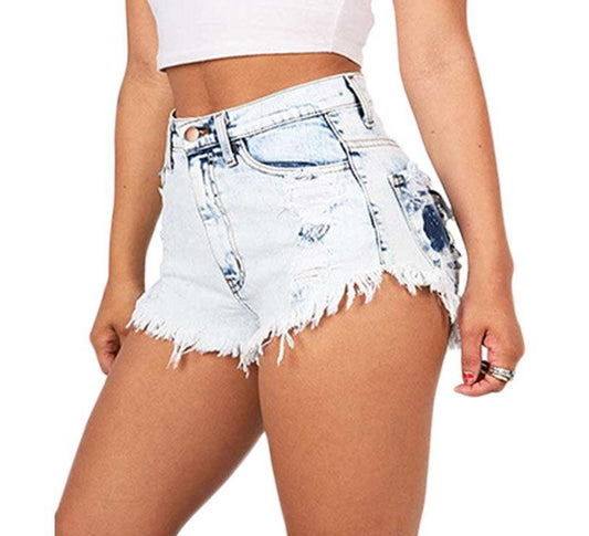 White Wash High Waist Ripped Tassel Denim Shorts