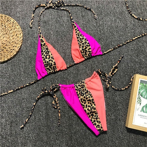 Leopard Neon Stripe Brazilian Bikini Sets