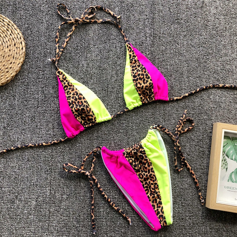 Leopard Neon Stripe Brazilian Bikini Sets