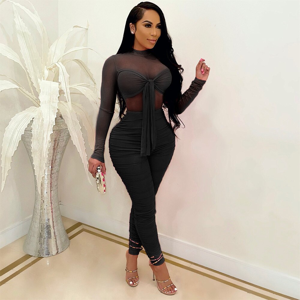 Mesh Sheer Long Sleeve Bow Tie Ruched Jumpsuits