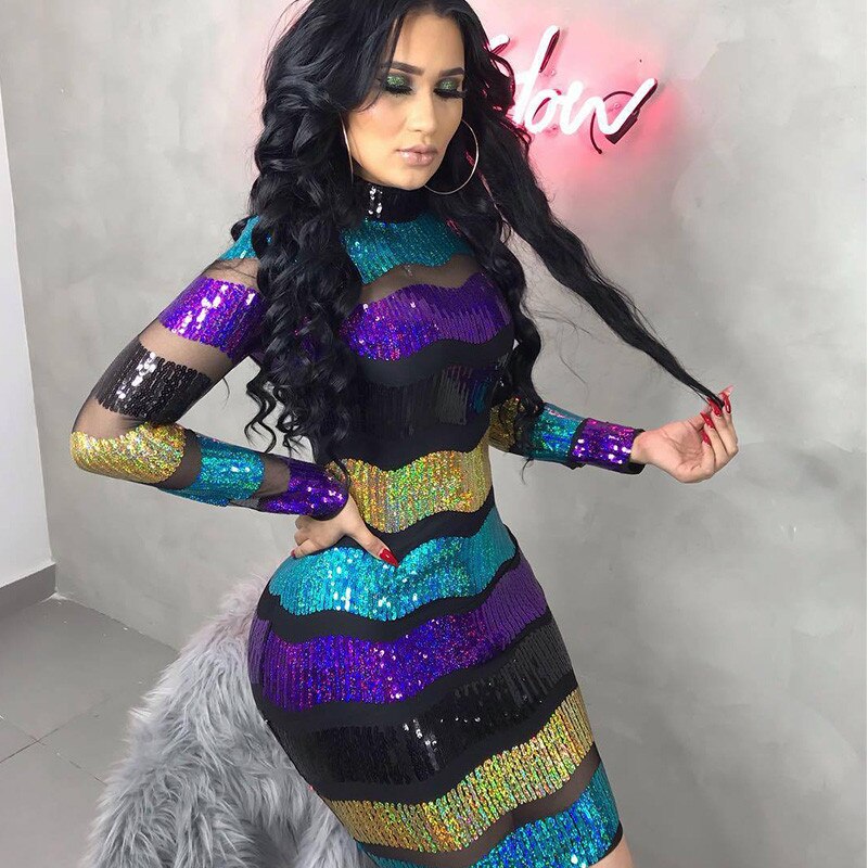 Mesh Striped Sequin Long Sleeve Mini Dress