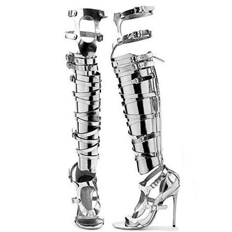 Metallic Mirror Strap Over Knee Gladiator Stiletto Boots