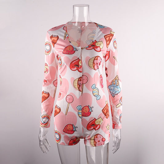 Long Sleeve Deep V Print Pajama Rompers (Multi-Styles)