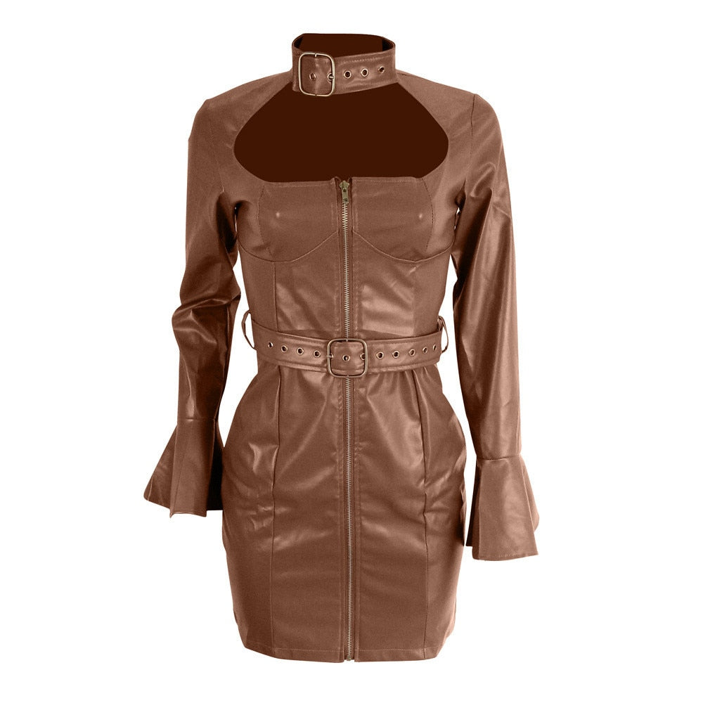 PU Leather Long Flare Sleeve Zipper Belt Dress