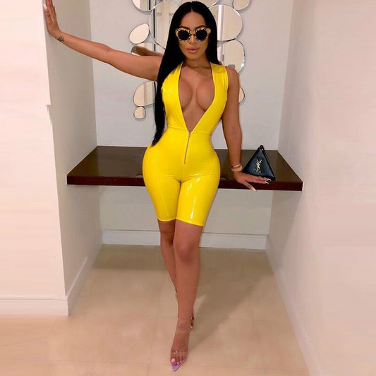 PU Leather Sleeveless Deep V Zipper Rompers