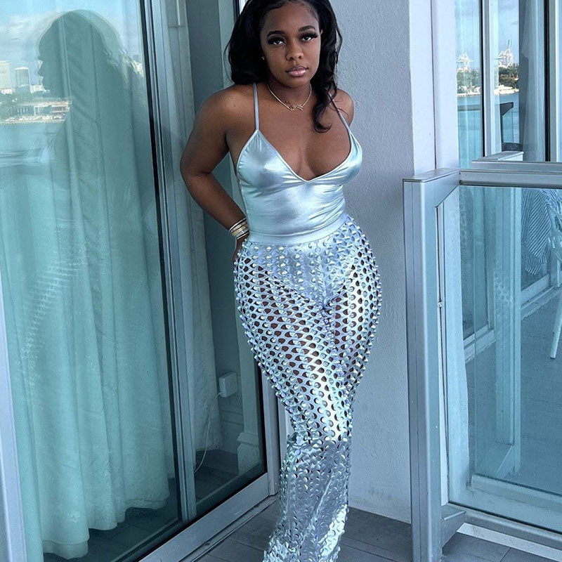 Metallic Bodysuit & Hollow Wide Leg Pants Sets