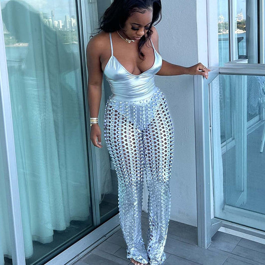 Metallic Bodysuit & Hollow Wide Leg Pants Sets