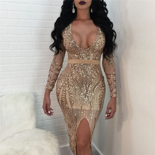 Sequin Long Sleeve Plunge V Front Split See Through Bodycon Dresses