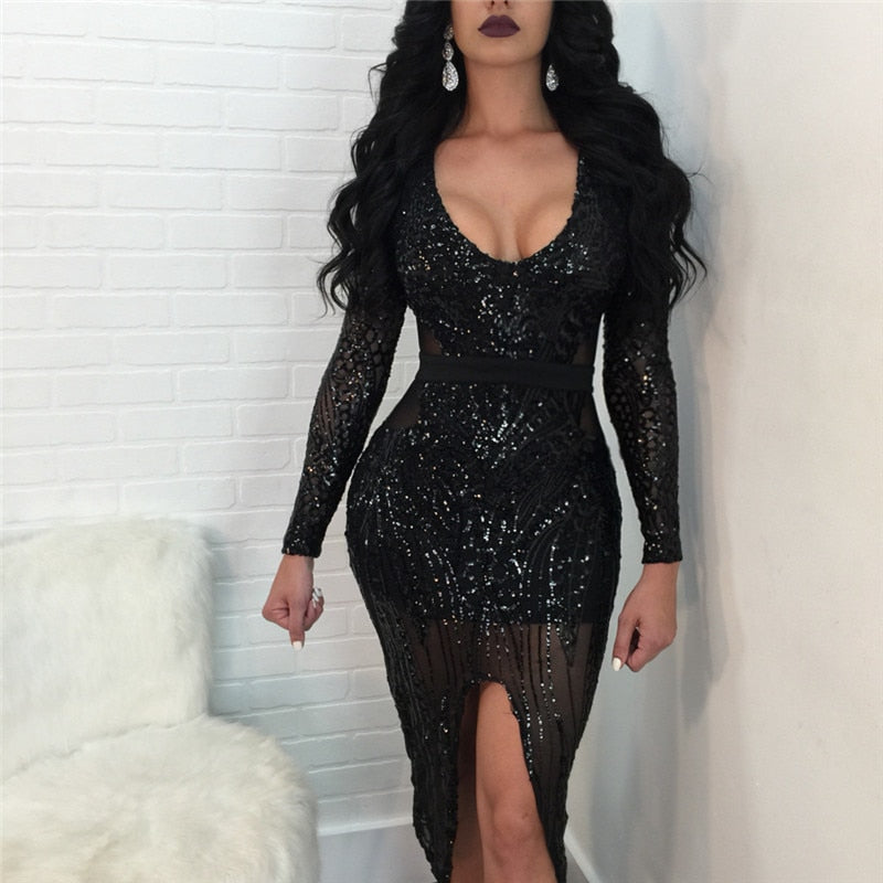 Sequin Long Sleeve Plunge V Front Split See Through Bodycon Dresses