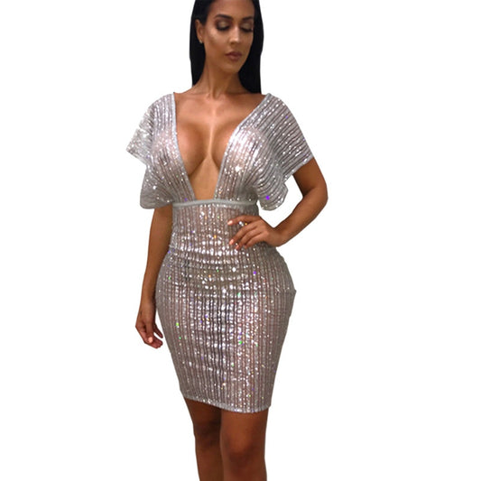 Sheer Silver Stripe Glitter Mesh Bodycon Dresses