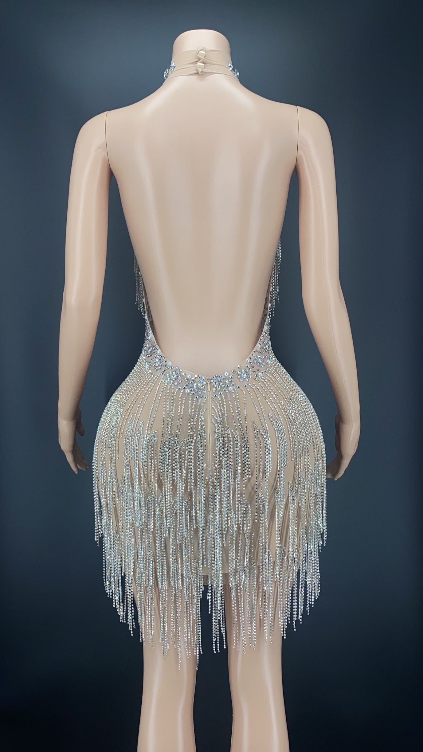 Rhinestones Crystals Tassel Backless Dress