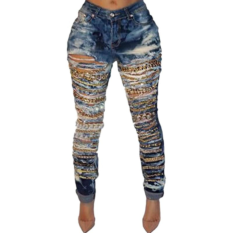 Ripped Bleached Multi Chain Jeans
