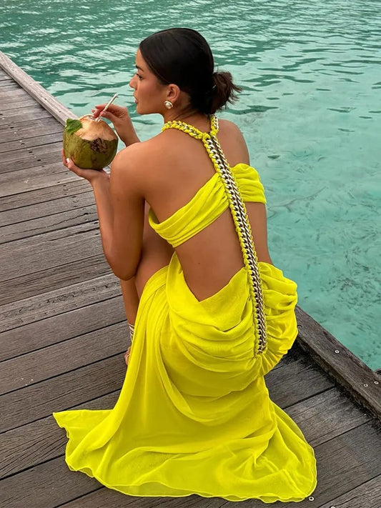 Yellow Fish Bone Chain Woven Beach Dress