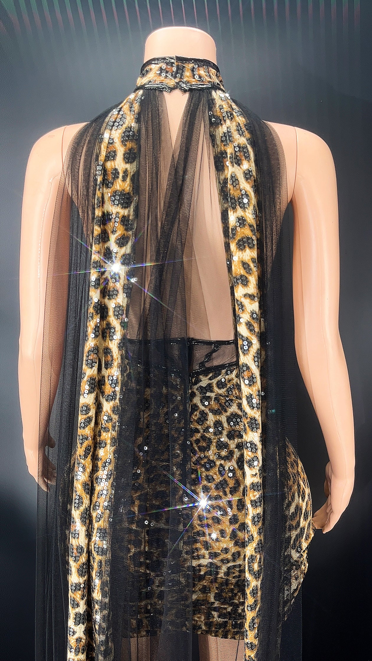 Sequins Leopard Print Mesh Hollow Dress