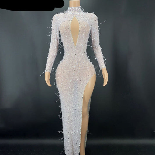 Silver Rhinestone Pearls High Slit Maxi Dress