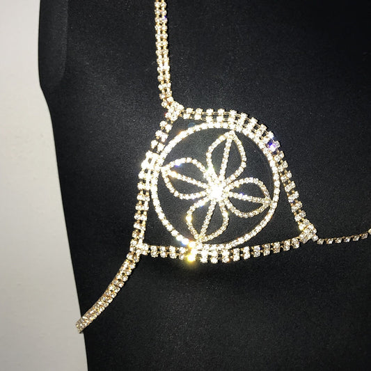 Flower Crystal Hollow Metal Breast Chain Crop Top