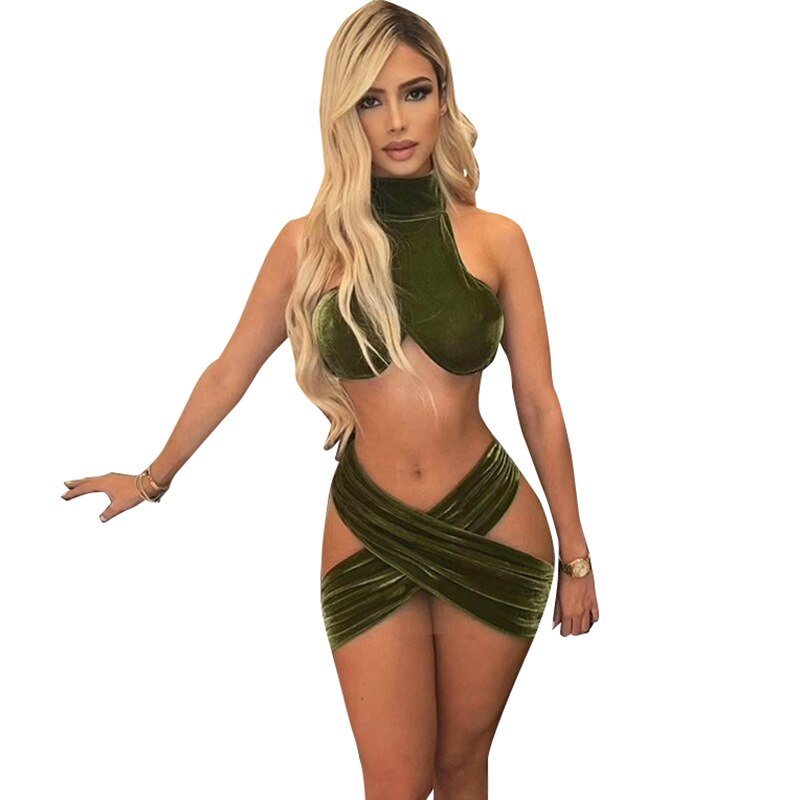 Green Sleeveless Crop Top & Hollow Out Skirt