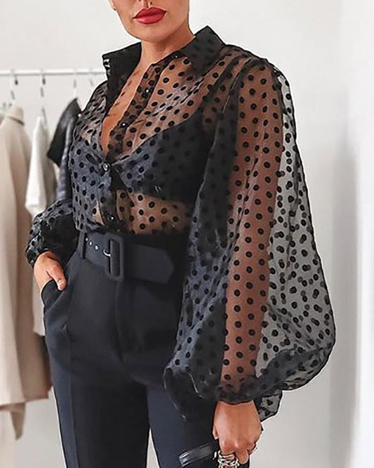 Mesh Lantern Long Sleeve Dot Blouses