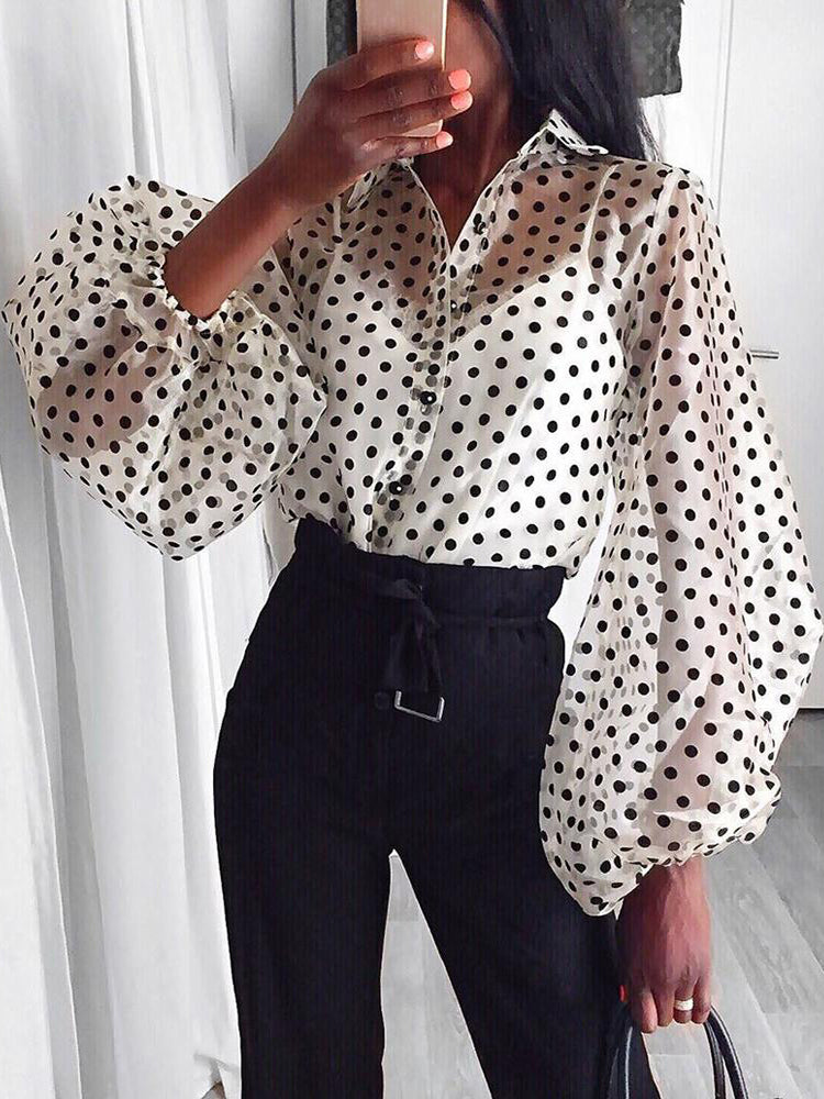 Mesh Lantern Long Sleeve Dot Blouses