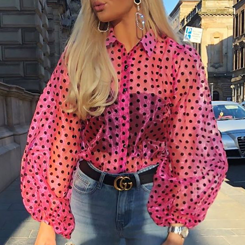 Mesh Lantern Long Sleeve Dot Blouses