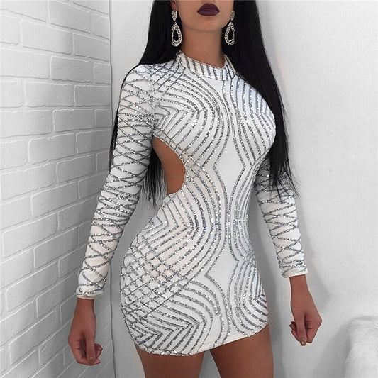 Sequin Long Sleeve Backless Bodycon Mini Dresses