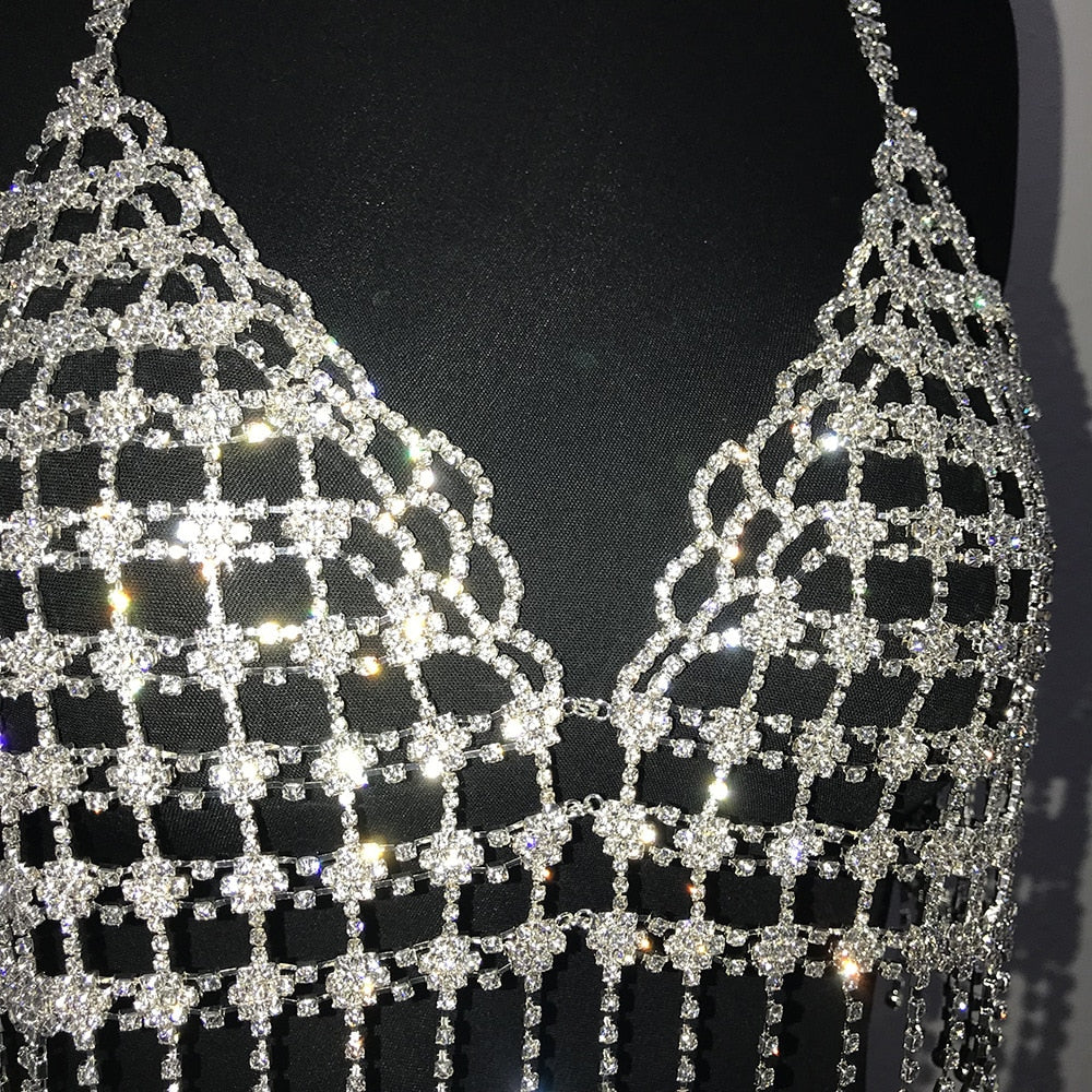 Sparkling Crystal Hollow Metal Breast Chain Crop Top