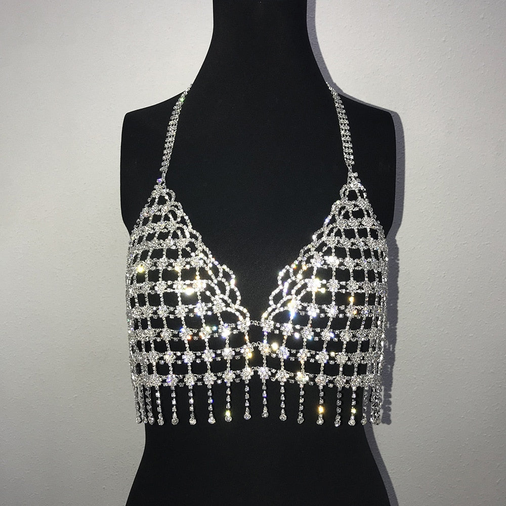 Sparkling Crystal Hollow Metal Breast Chain Crop Top