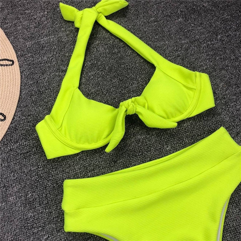 Neon High Waist Thong Bikini Sets